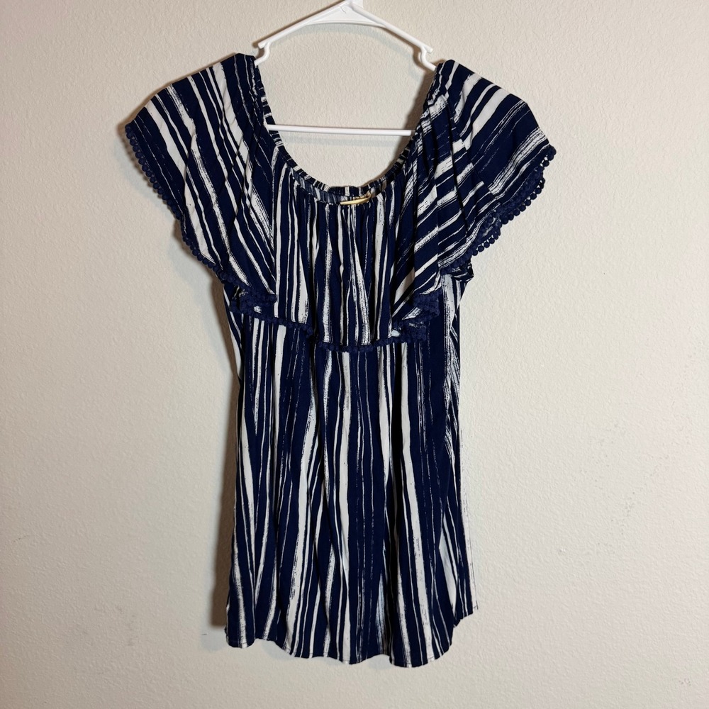 Faded Glory Womens Navy Blue White Striped Off Shoulder Ruffle Top‎ Size M 8-10